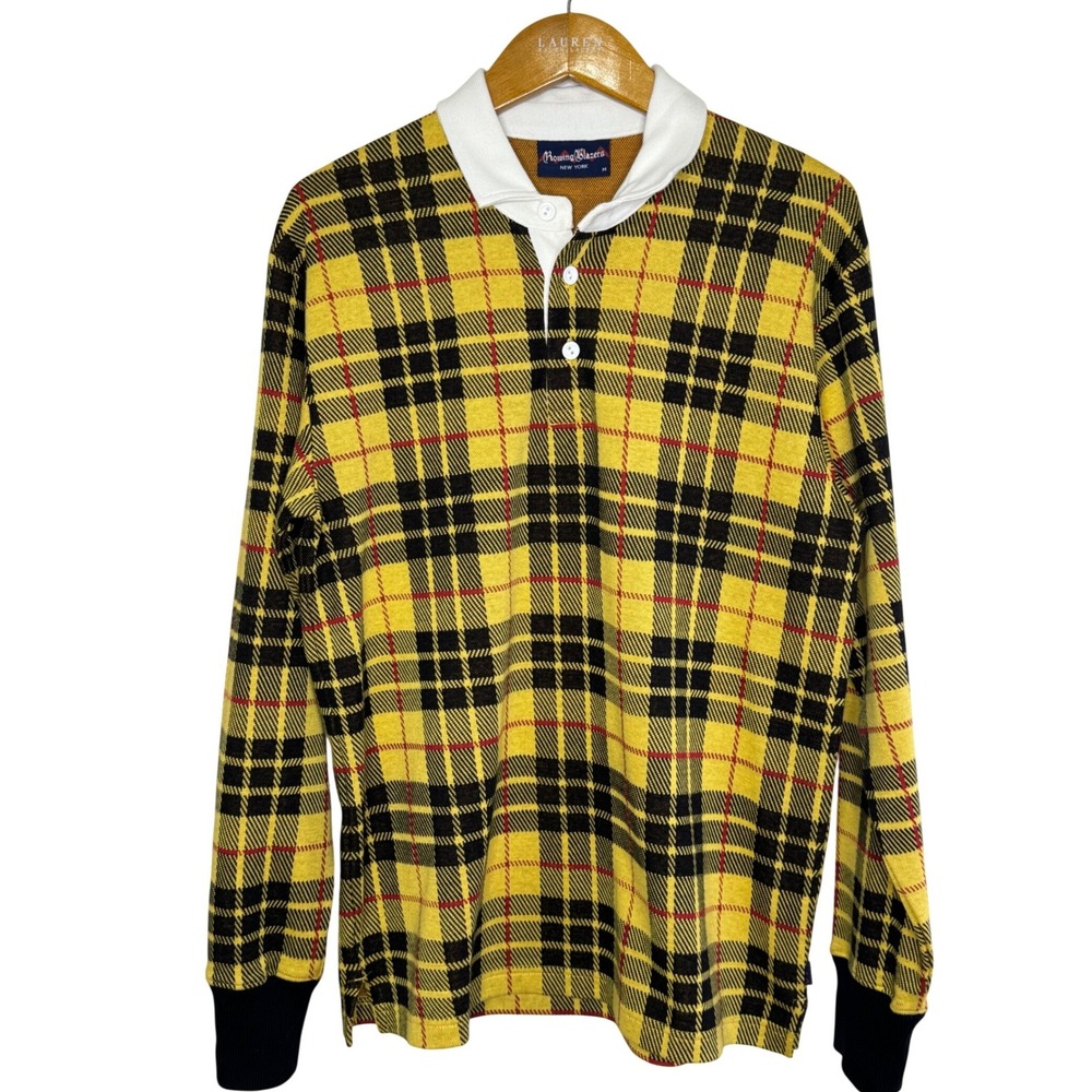 Rowing Blazers MacLeod Modern Yellow Tartan Plaid Rugby Jersey Shirt Mens Medium